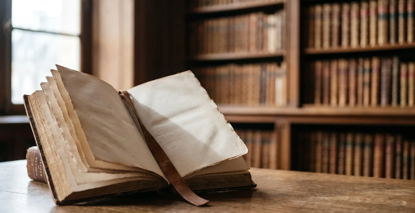 Livre ancien ouvert sur une table en bois dans une bibliothèque française, pages floues suggérant la matérialité du texte