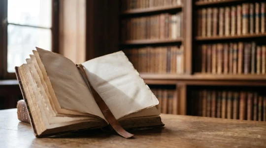 Livre ancien ouvert sur une table en bois dans une bibliothèque française, pages floues suggérant la matérialité du texte