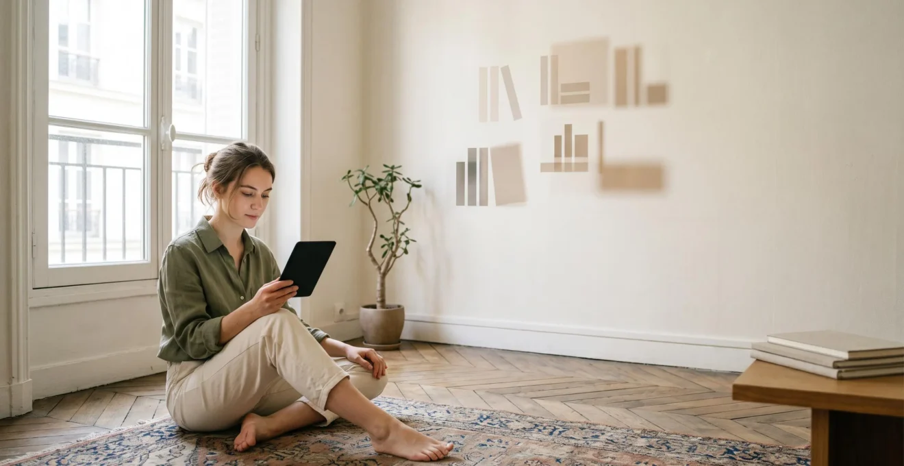 Une personne lit calmement sur une liseuse dans un appartement parisien lumineux, entourée de formes symbolisant une vaste collection numérique organisée