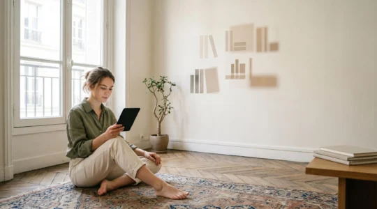 Une personne lit calmement sur une liseuse dans un appartement parisien lumineux, entourée de formes symbolisant une vaste collection numérique organisée