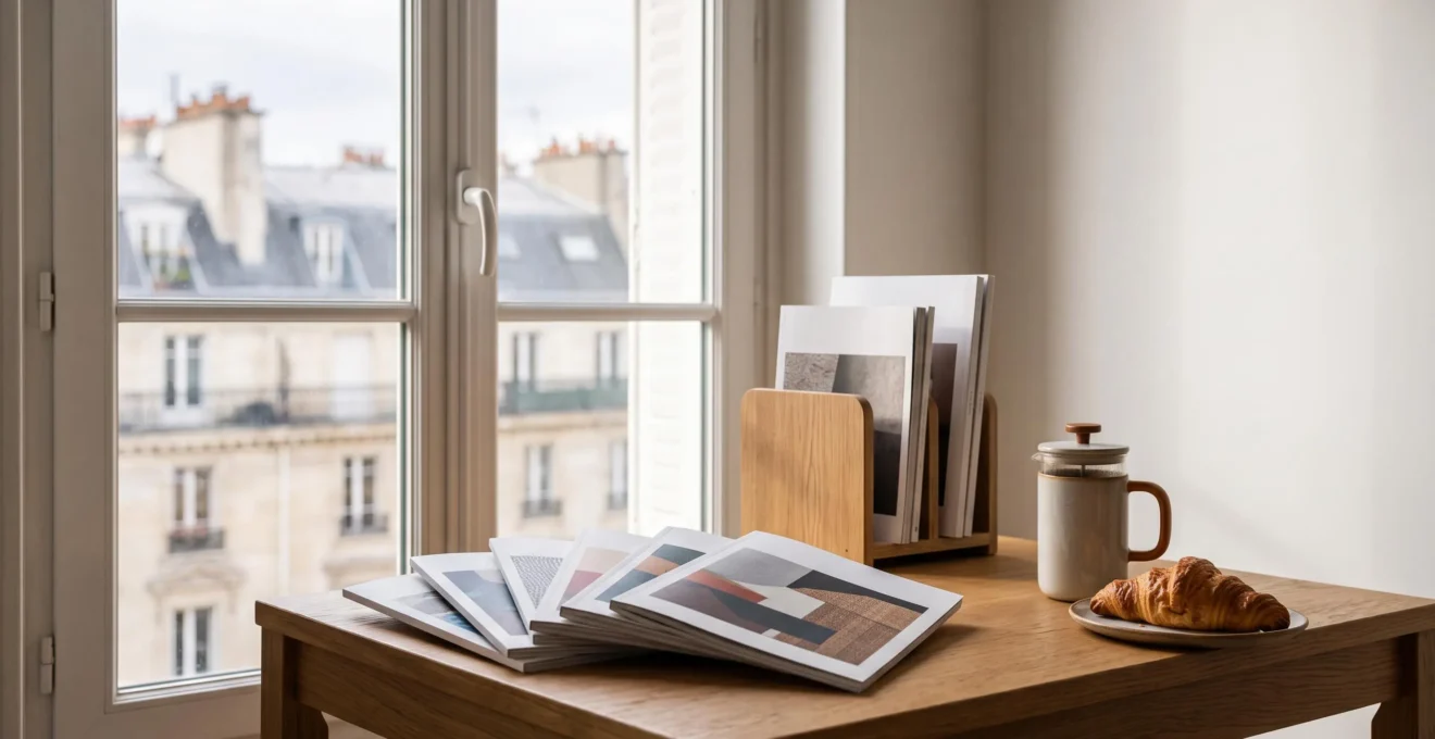 Bureau lumineux avec une sélection organisée de magazines et revues, symbolisant une veille informationnelle maîtrisée à la française
