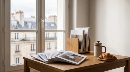 Bureau lumineux avec une sélection organisée de magazines et revues, symbolisant une veille informationnelle maîtrisée à la française