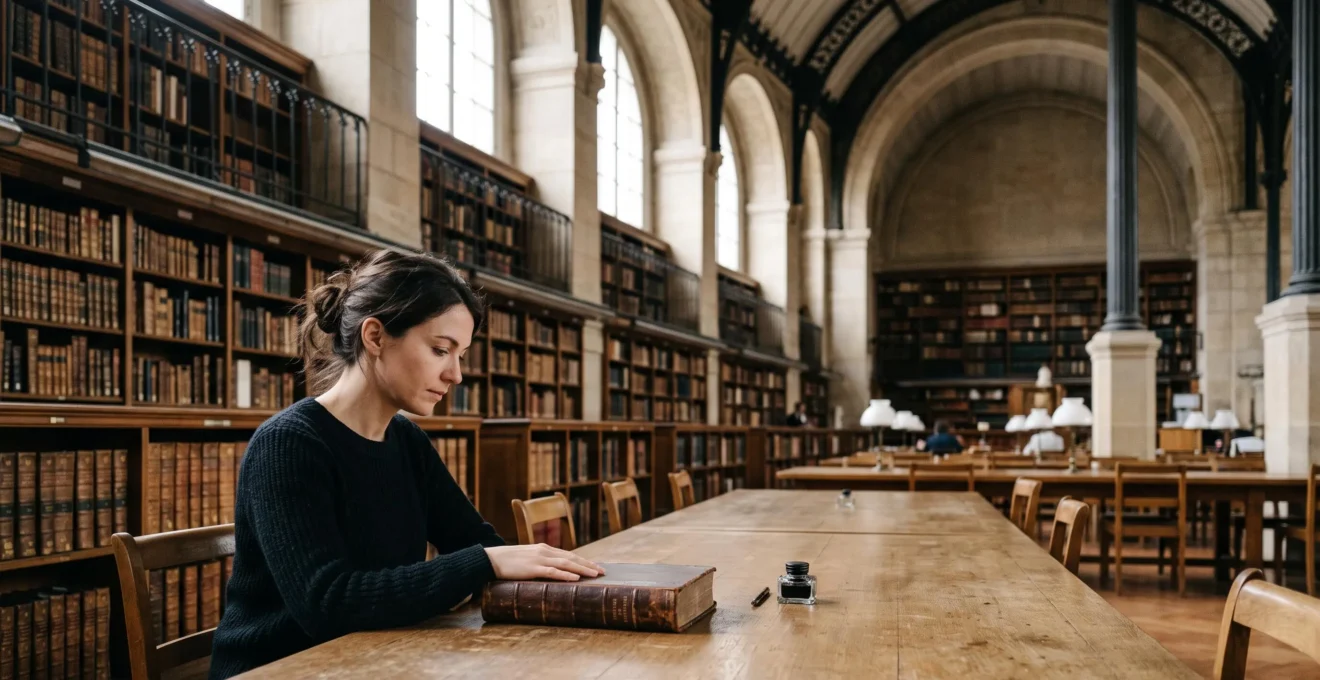 Lecteur explorant les notes et références d'un livre ancien dans une bibliothèque française, symbolisant un parcours d'exploration intellectuelle