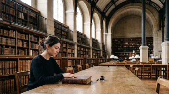 Lecteur explorant les notes et références d'un livre ancien dans une bibliothèque française, symbolisant un parcours d'exploration intellectuelle