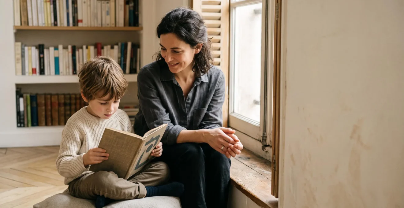 Un enfant de CE1 lit seul un livre pendant que sa mère l'accompagne discrètement sans intervenir, dans un appartement parisien lumineux
