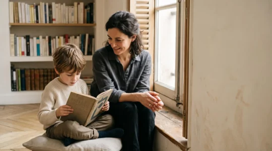 Un enfant de CE1 lit seul un livre pendant que sa mère l'accompagne discrètement sans intervenir, dans un appartement parisien lumineux