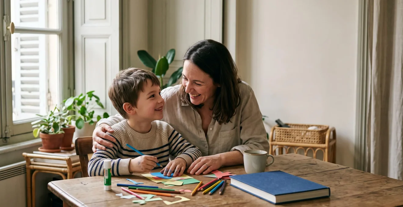 Un parent et son enfant créent ensemble une fiche de lecture ludique à la table du salon, dans une ambiance chaleureuse et française.