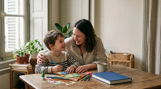 Un parent et son enfant créent ensemble une fiche de lecture ludique à la table du salon, dans une ambiance chaleureuse et française.
