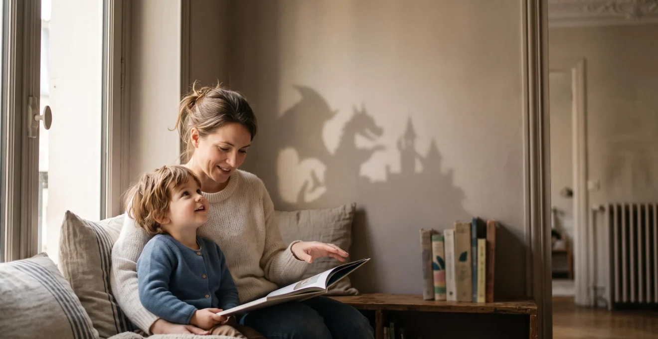Parent et enfant partageant un moment de lecture qui éveille l'imagination dans un intérieur français chaleureux
