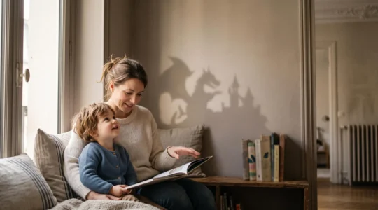 Parent et enfant partageant un moment de lecture qui éveille l'imagination dans un intérieur français chaleureux