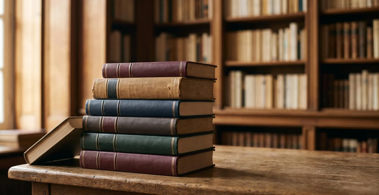 Pile de livres reliés à la tranche impeccable, symbolisant la structure révélée par une table des matières bien construite