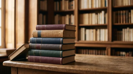 Pile de livres reliés à la tranche impeccable, symbolisant la structure révélée par une table des matières bien construite