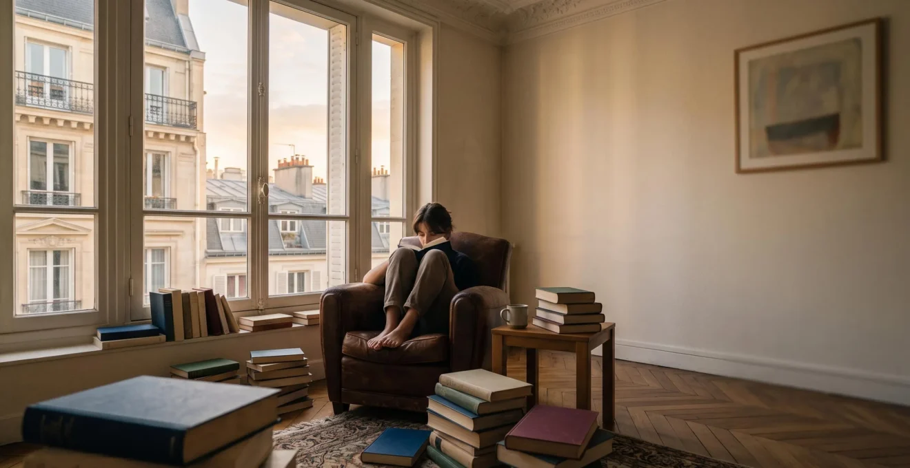 Une personne assise dans un intérieur parisien lumineux, plongée dans la lecture d'un livre, entourée de piles de livres aux couvertures unies évoquant différents genres littéraires