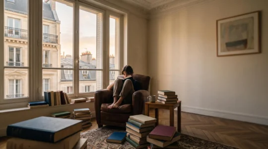Une personne assise dans un intérieur parisien lumineux, plongée dans la lecture d'un livre, entourée de piles de livres aux couvertures unies évoquant différents genres littéraires