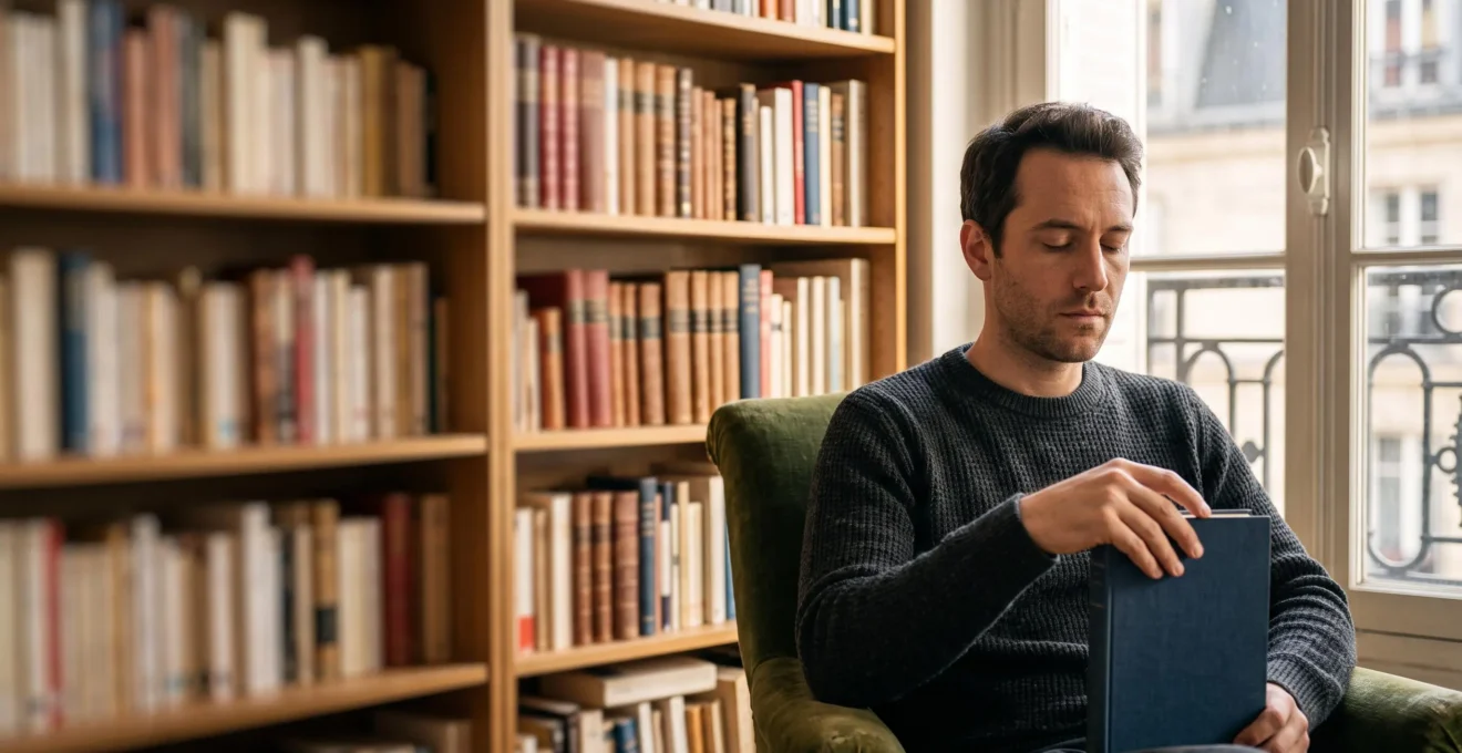 Lecteur assis dans une bibliothèque lumineuse, main suspendue au-dessus d'un livre fermé, en plein effort de mémoire visuelle pour retrouver un passage