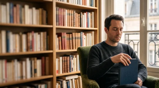 Lecteur assis dans une bibliothèque lumineuse, main suspendue au-dessus d'un livre fermé, en plein effort de mémoire visuelle pour retrouver un passage