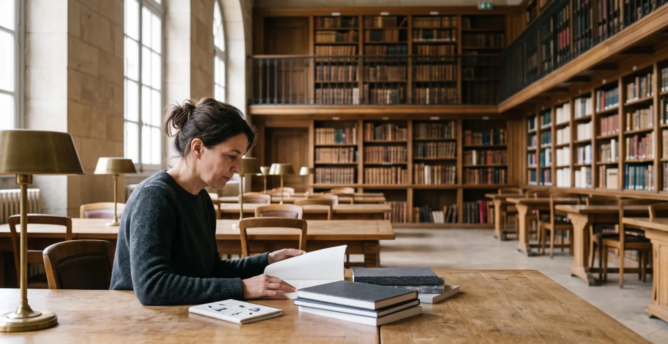 Lecteur consultant une pile de revues spécialisées dans une salle de lecture d'une bibliothèque de recherche française, lumière naturelle et grand espace négatif