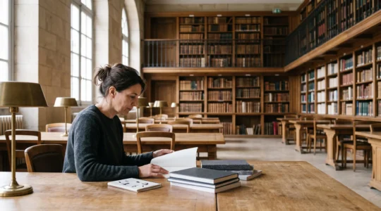 Lecteur consultant une pile de revues spécialisées dans une salle de lecture d'une bibliothèque de recherche française, lumière naturelle et grand espace négatif