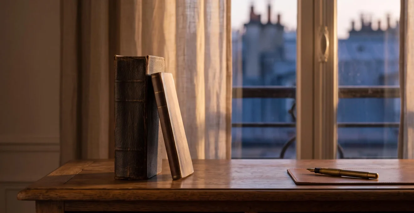 Deux livres fermes, l'un epais et l'autre fin, poses sur un bureau ancien evoquant la difference entre roman et nouvelle