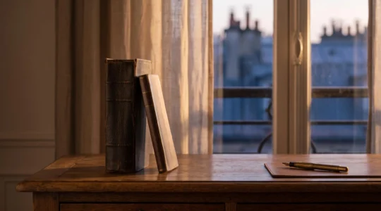Deux livres fermes, l'un epais et l'autre fin, poses sur un bureau ancien evoquant la difference entre roman et nouvelle