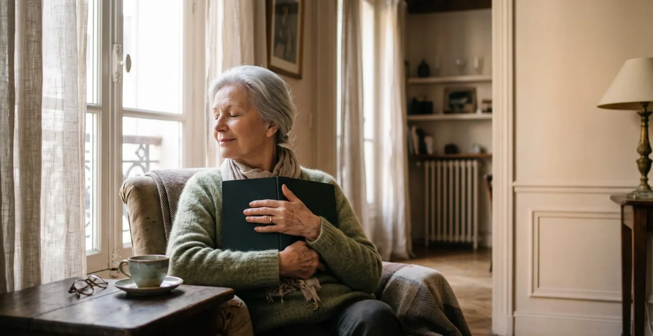 Une personne senior lisant un livre relie dans un interieur lumineux, symbolisant le lien entre lecture quotidienne et preservation de la memoire