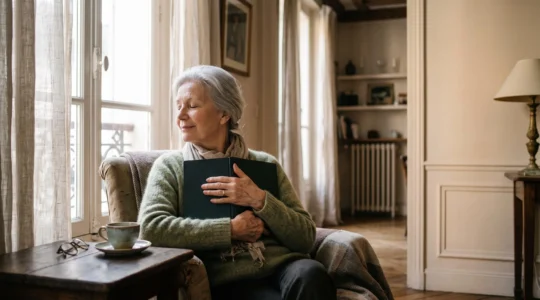 Une personne senior lisant un livre relie dans un interieur lumineux, symbolisant le lien entre lecture quotidienne et preservation de la memoire