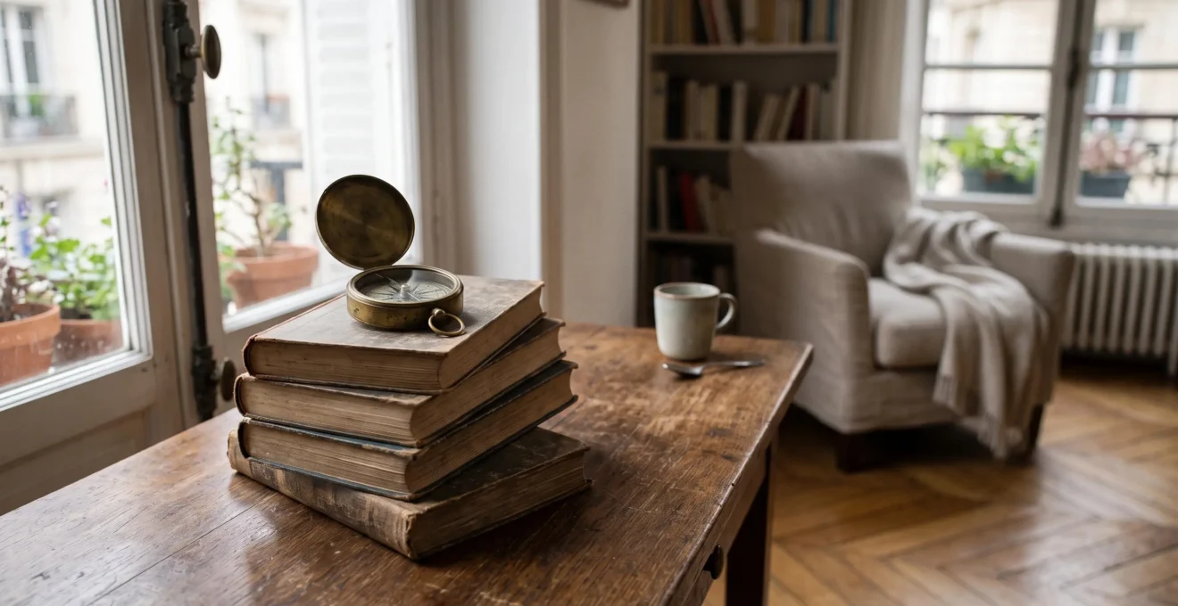 Pile de livres ouverts sur une table en bois avec une boussole posée dessus, symbolisant le parcours de lecture guidé par le sommaire