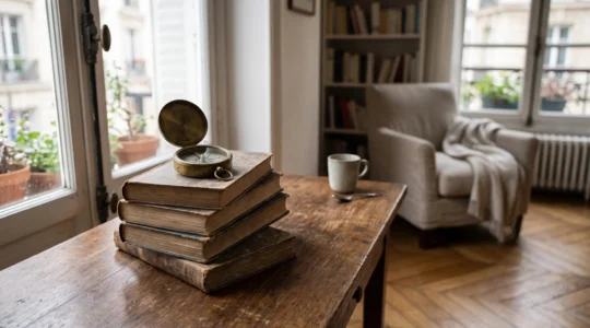 Pile de livres ouverts sur une table en bois avec une boussole posée dessus, symbolisant le parcours de lecture guidé par le sommaire