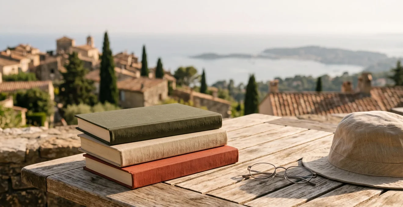 Trois livres soigneusement empilés sur une table en bois clair face à un paysage méditerranéen suggéré en arrière-plan flou, évoquant le choix littéraire des vacances
