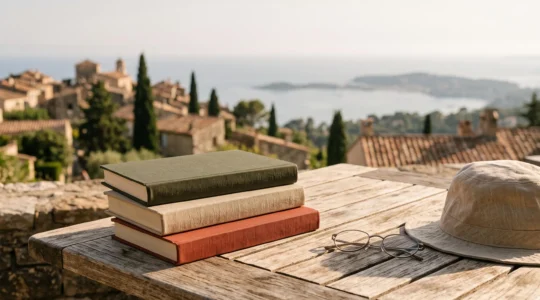 Trois livres soigneusement empilés sur une table en bois clair face à un paysage méditerranéen suggéré en arrière-plan flou, évoquant le choix littéraire des vacances