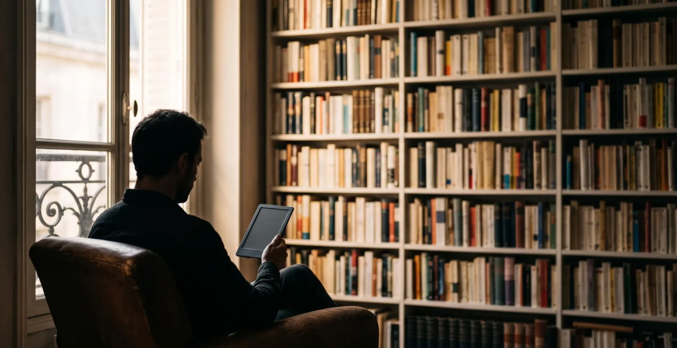 Silhouette d'une personne lisant sur une liseuse dans un intérieur lumineux à la française, entourée d'une bibliothèque en arrière-plan flou