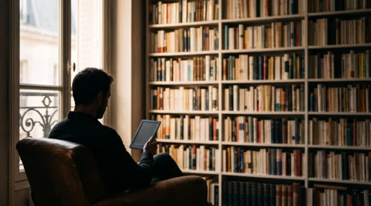 Silhouette d'une personne lisant sur une liseuse dans un intérieur lumineux à la française, entourée d'une bibliothèque en arrière-plan flou