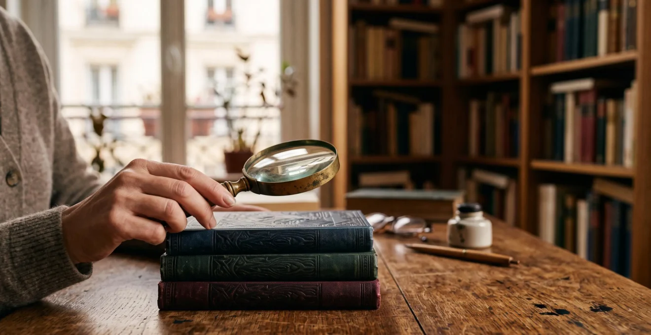 Main tenant une loupe au-dessus d'une pile de livres fermés sur un bureau en bois, symbolisant la vérification de la fiabilité d'un récit