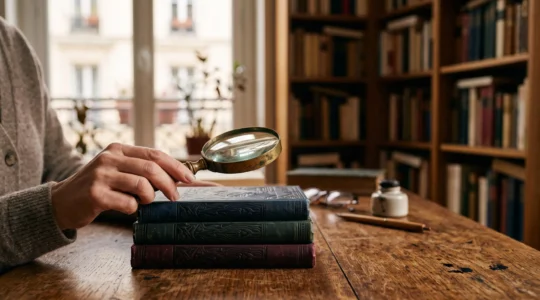Main tenant une loupe au-dessus d'une pile de livres fermés sur un bureau en bois, symbolisant la vérification de la fiabilité d'un récit